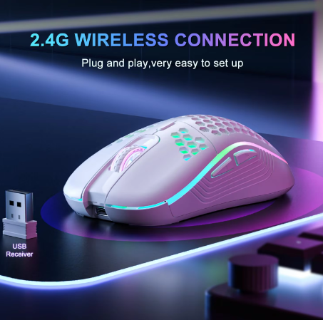 2.4G Wireless Gaming Mouse RGB Lighting Charging Mouse with Adjustable DPI Ergonomic Honeycomb Design for Desktop Laptop